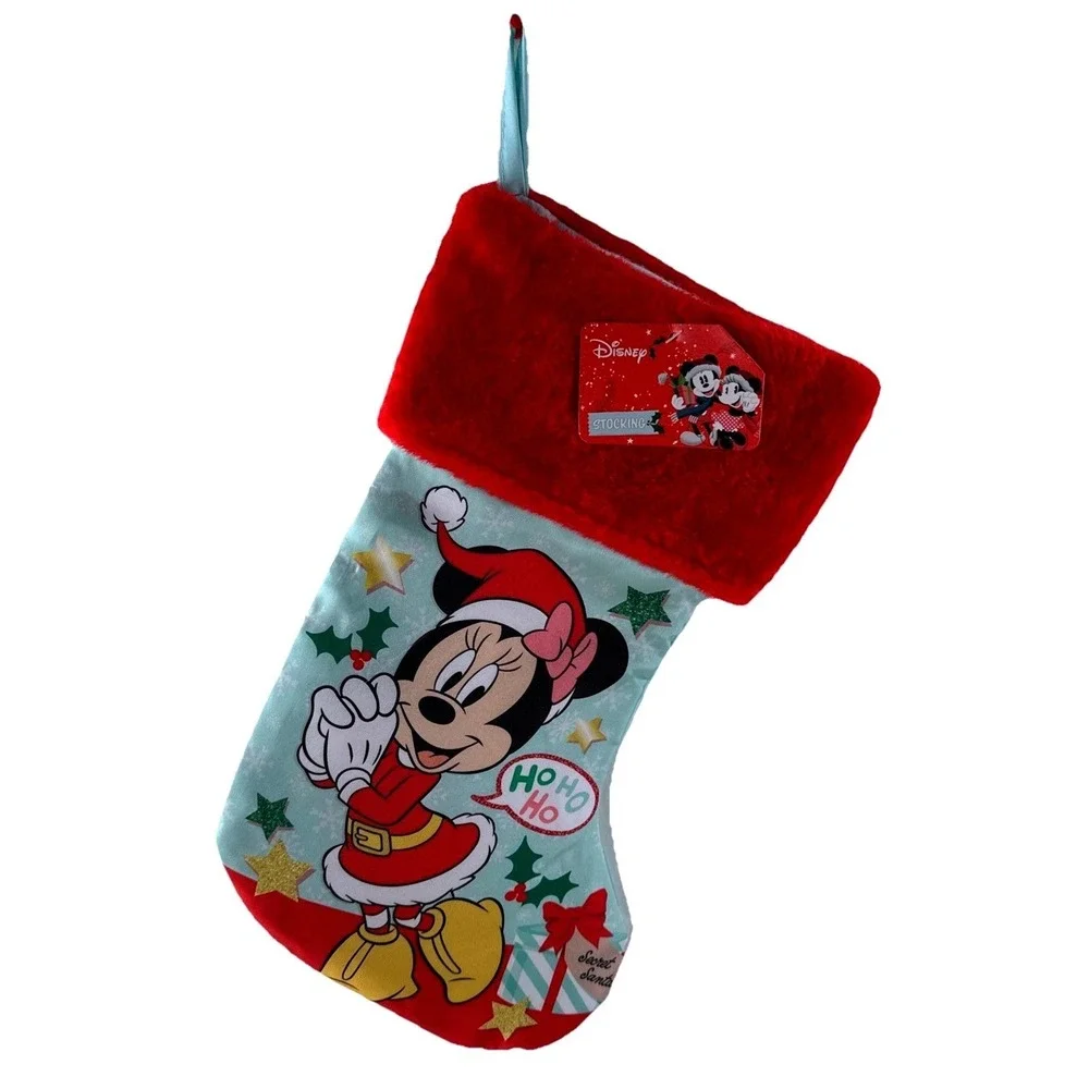 Disney‎ Minnie Mouse Christmas Stocking Red Faux Fur Cuff Blue 15 Inch NWT
